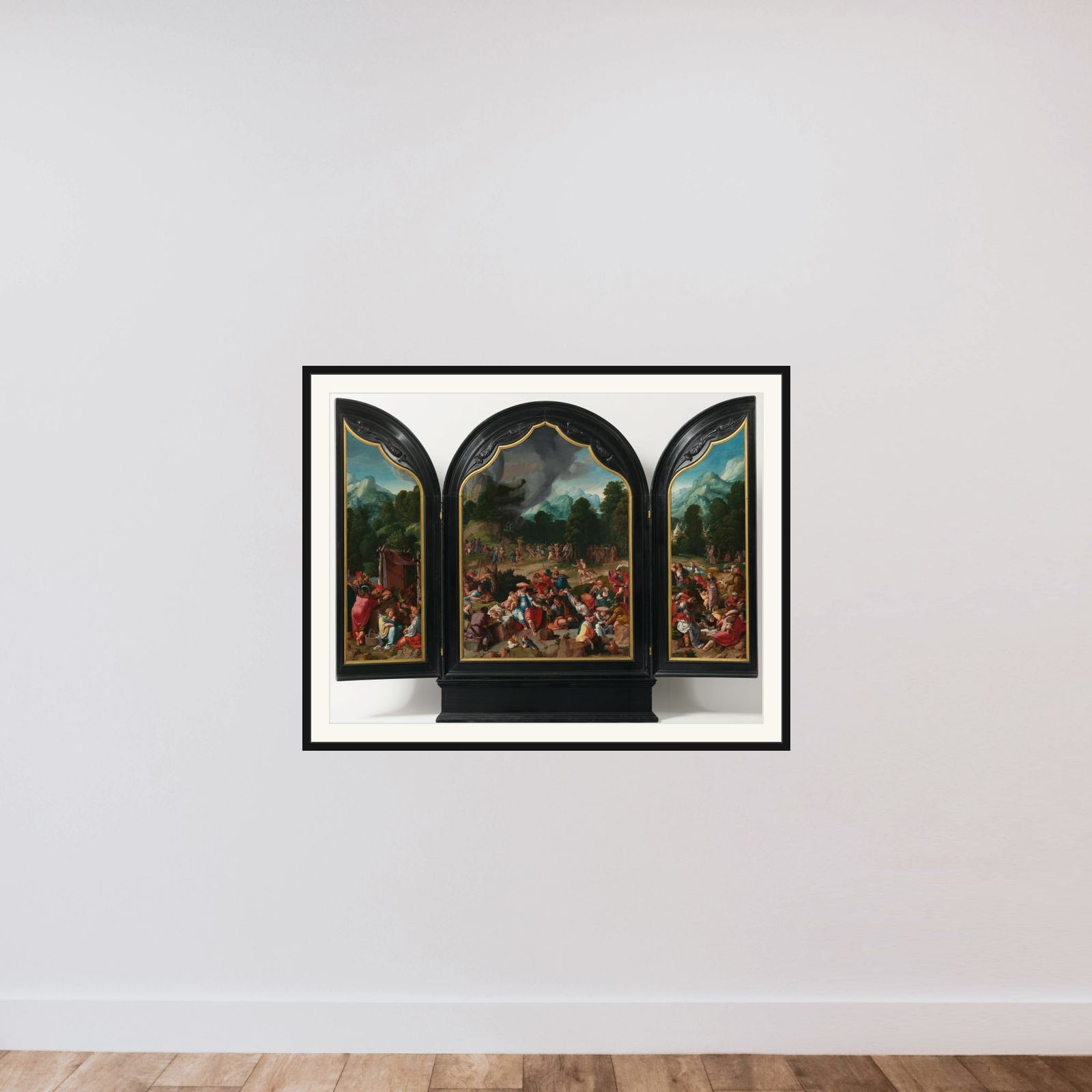 Triptych with the Adoration of the Golden Calf framed — shown to scale
