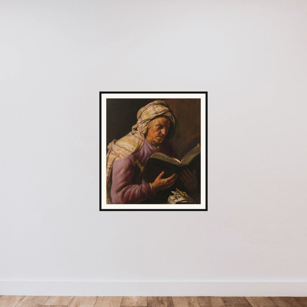 Old Woman Reading framed — shown to scale