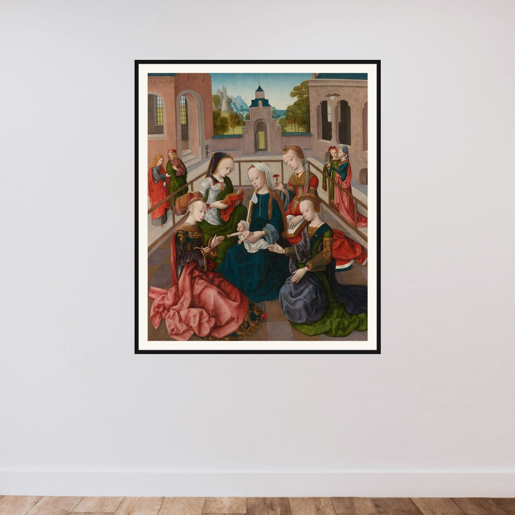 The Virgin and Child with Four Holy Virgins framed — shown to scale
