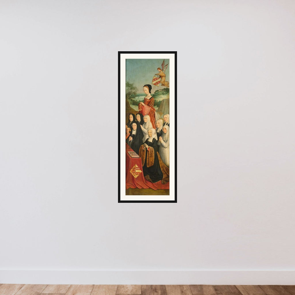 Memorial Panel with Nine Female Portraits, probably Kathrijn Willemsdr van der Graft and Family, with Saint Mary Magdalene and the Van Soutelande Family and Van der Graft-Van Soutelande Crests, inner right wing of an altarpiece framed — shown to scale