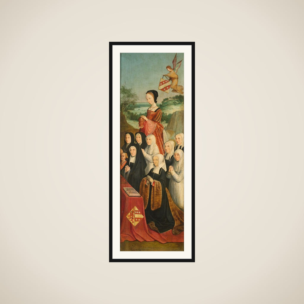 Memorial Panel with Nine Female Portraits, probably Kathrijn Willemsdr van der Graft and Family, with Saint Mary Magdalene and the Van Soutelande Family and Van der Graft-Van Soutelande Crests, inner right wing of an altarpiece framed