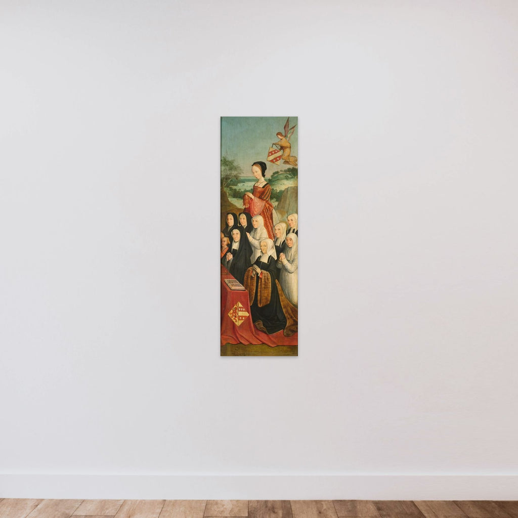 Memorial Panel with Nine Female Portraits, probably Kathrijn Willemsdr van der Graft and Family, with Saint Mary Magdalene and the Van Soutelande Family and Van der Graft-Van Soutelande Crests, inner right wing of an altarpiece unframed — shown to scale