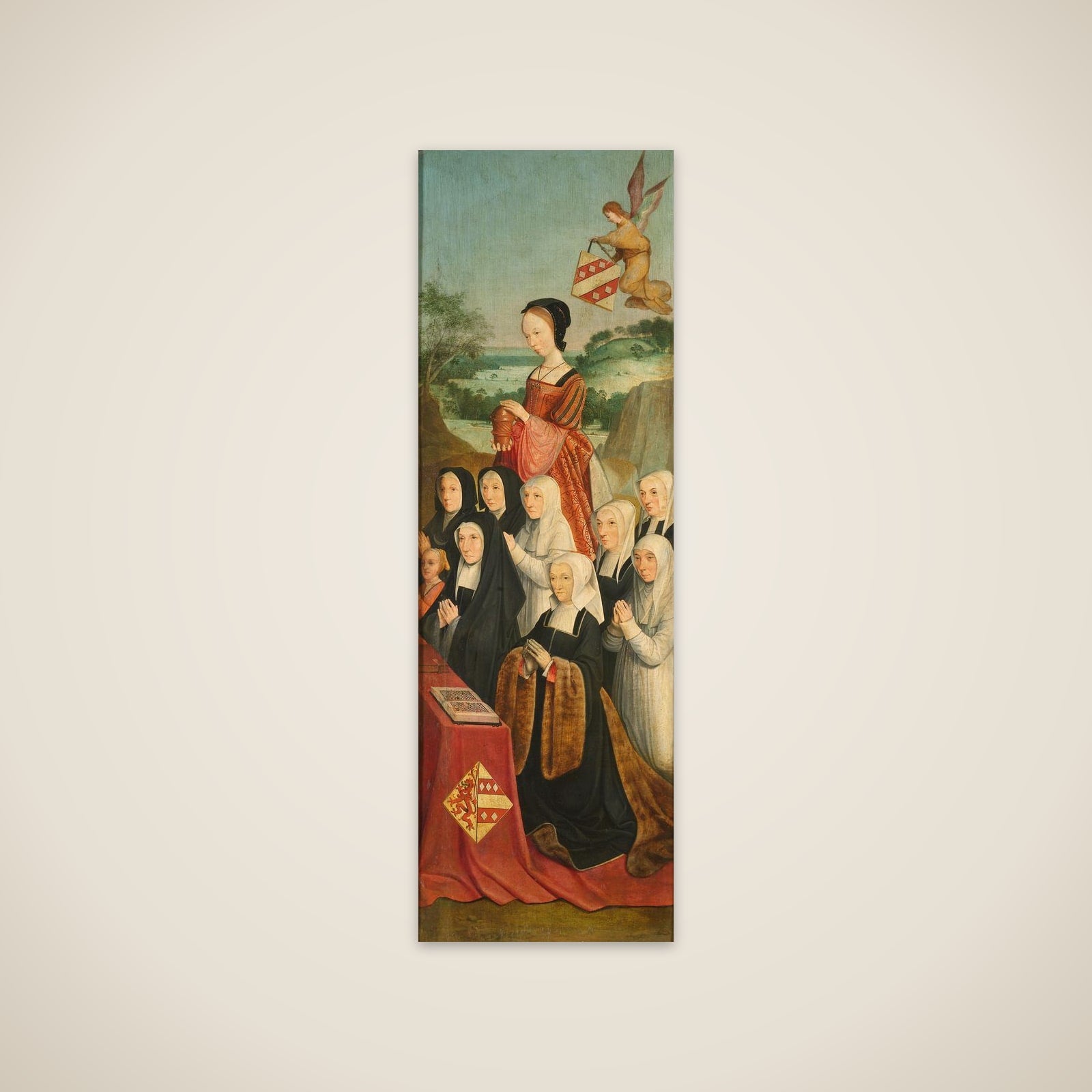 Memorial Panel with Nine Female Portraits, probably Kathrijn Willemsdr van der Graft and Family, with Saint Mary Magdalene and the Van Soutelande Family and Van der Graft-Van Soutelande Crests, inner right wing of an altarpiece unframed print
