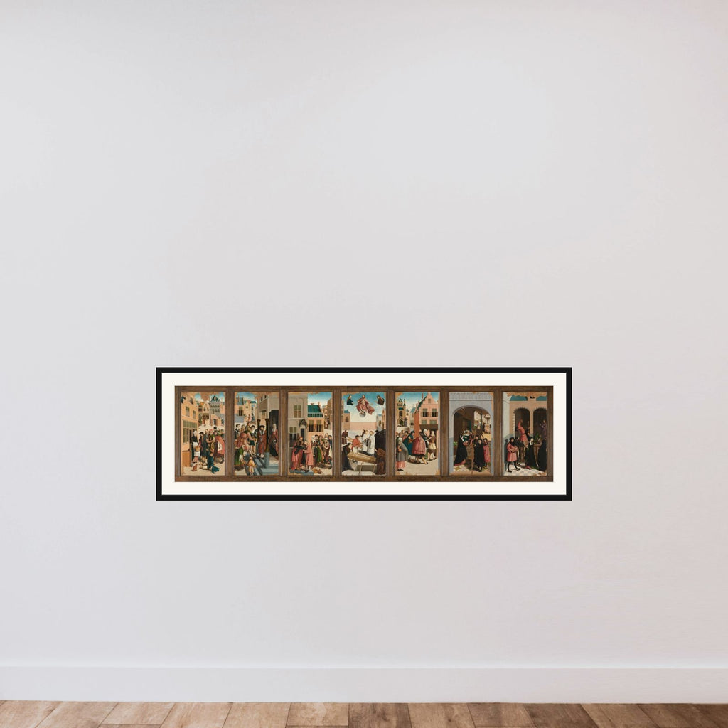 Polyptych with the Seven Works of Charity framed — shown to scale