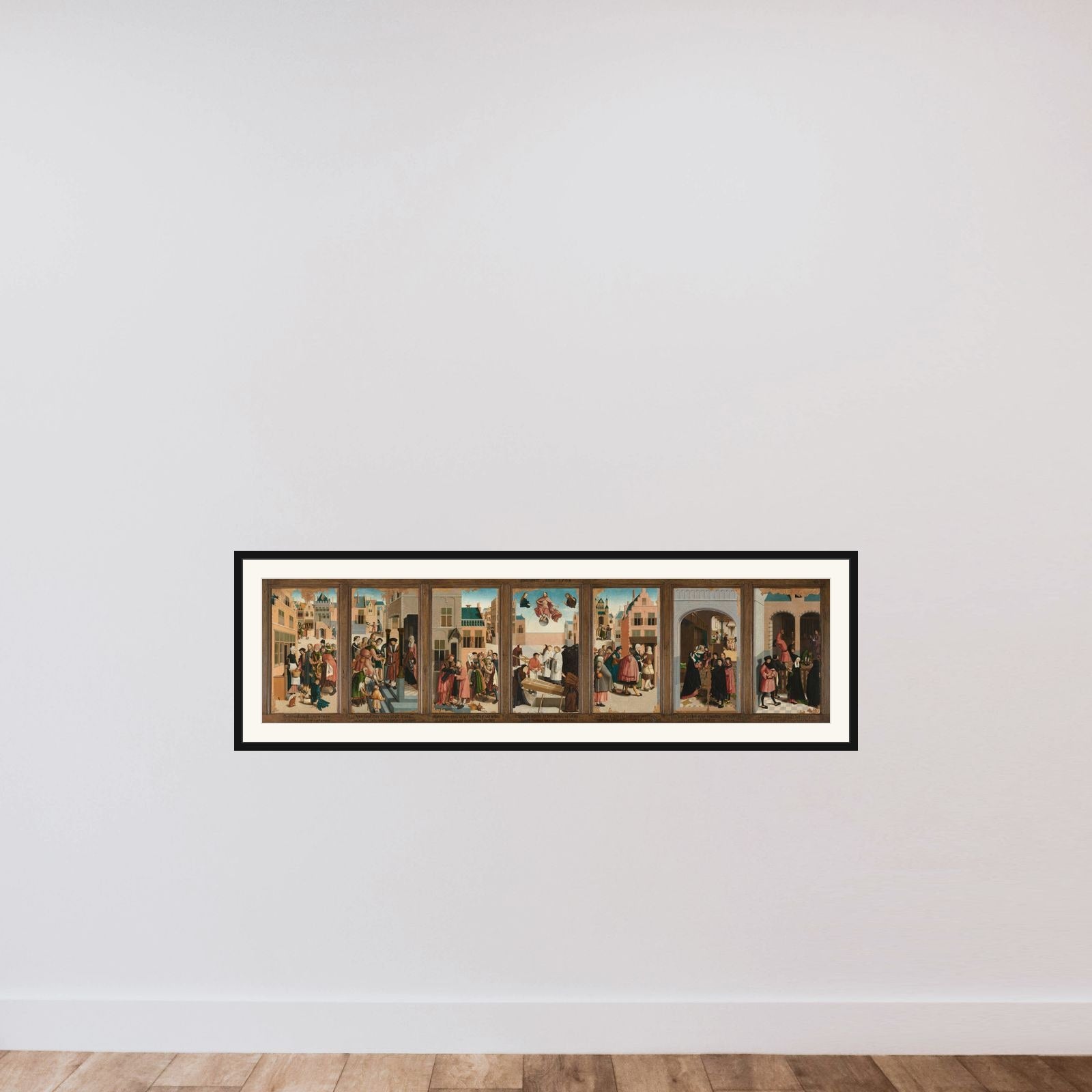 Polyptych with the Seven Works of Charity framed — shown to scale