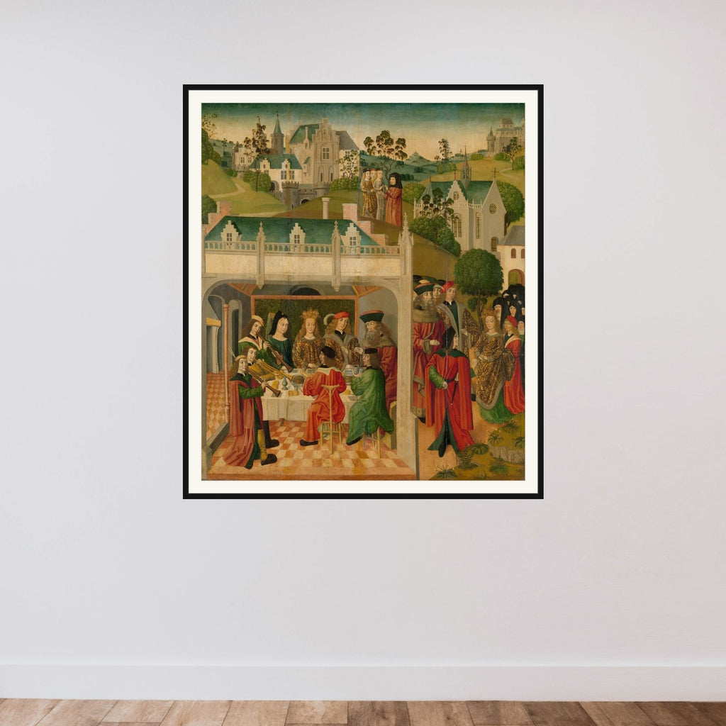 Wedding Feast of Saint Elizabeth of Hungary and Louis of Thuringia in the Wartburg, inner left wing of an altarpiece made for the Grote Kerk in Dordrecht framed — shown to scale