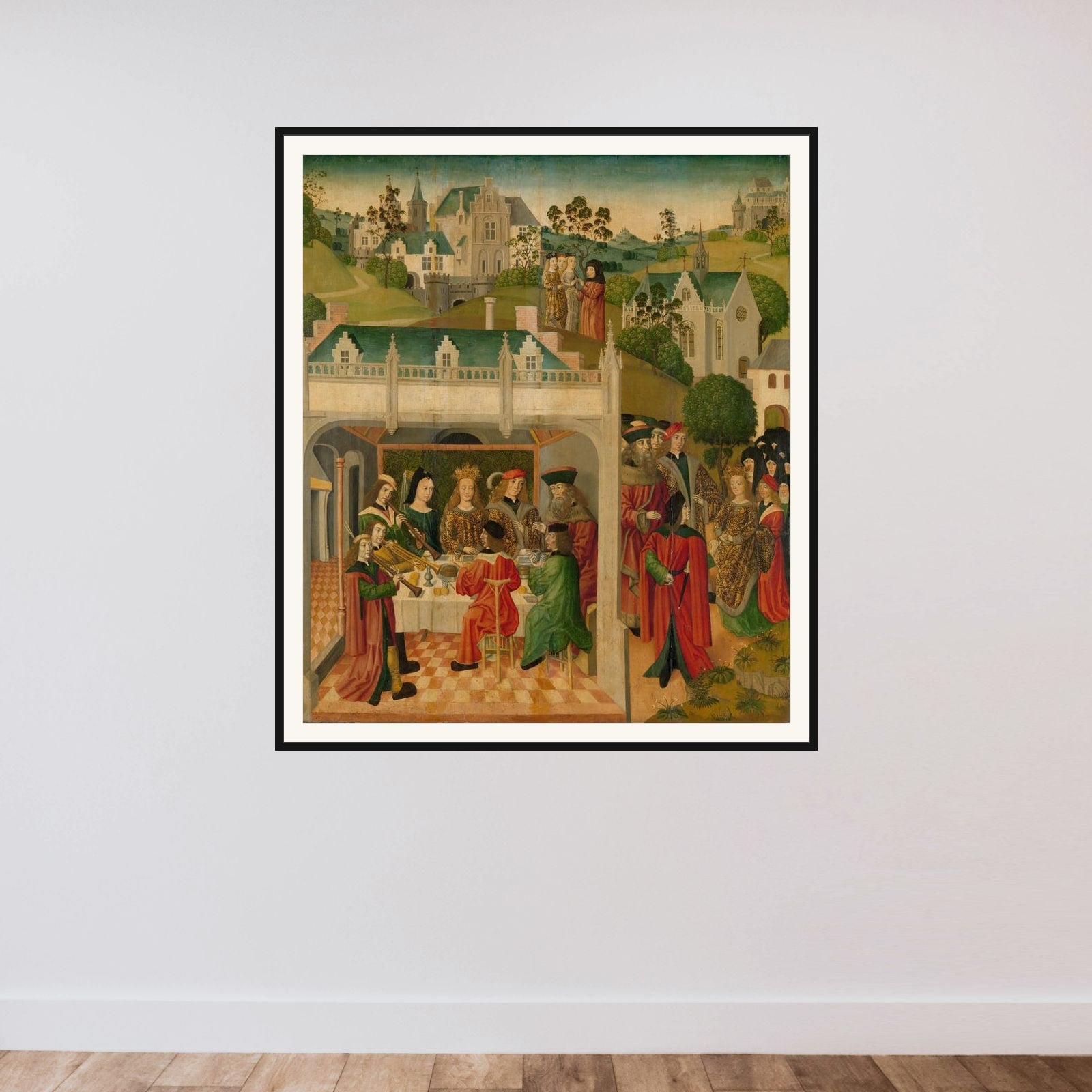 Wedding Feast of Saint Elizabeth of Hungary and Louis of Thuringia in the Wartburg, inner left wing of an altarpiece made for the Grote Kerk in Dordrecht framed — shown to scale