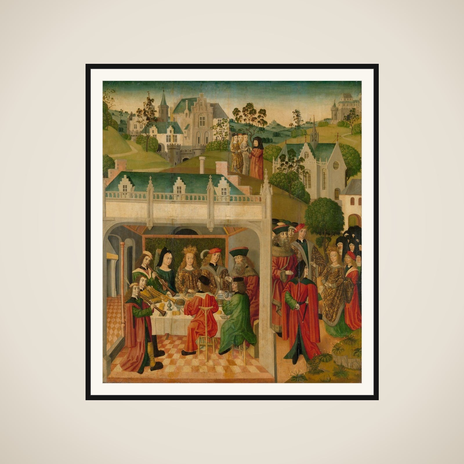 Wedding Feast of Saint Elizabeth of Hungary and Louis of Thuringia in the Wartburg, inner left wing of an altarpiece made for the Grote Kerk in Dordrecht framed