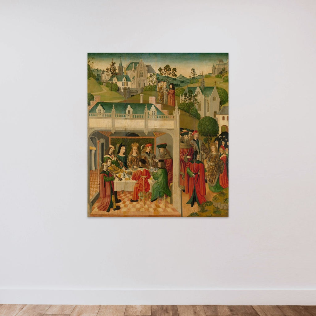 Wedding Feast of Saint Elizabeth of Hungary and Louis of Thuringia in the Wartburg, inner left wing of an altarpiece made for the Grote Kerk in Dordrecht unframed — shown to scale