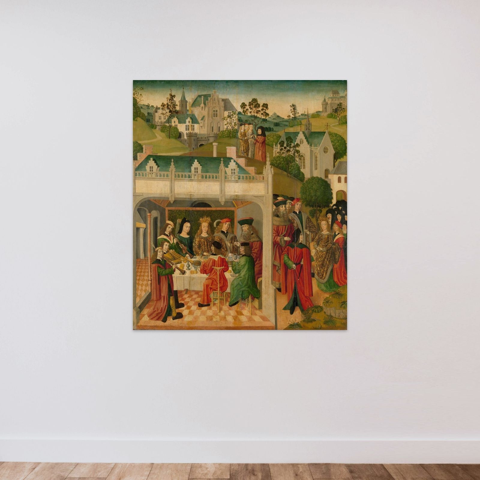 Wedding Feast of Saint Elizabeth of Hungary and Louis of Thuringia in the Wartburg, inner left wing of an altarpiece made for the Grote Kerk in Dordrecht unframed — shown to scale