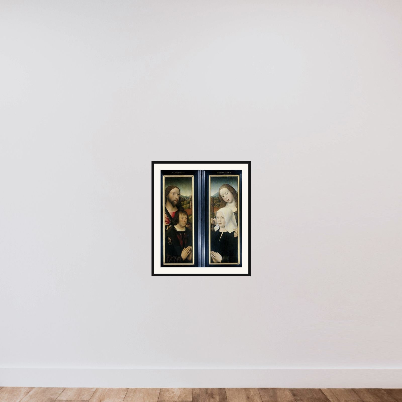 Two Wings of a Triptych with the Donor, Thomas Isaacq, accompanied by Saint Thomas (left, outer wing), and the Donor's Wife accompanied by Saint Margaret (right, outer wing) framed — shown to scale