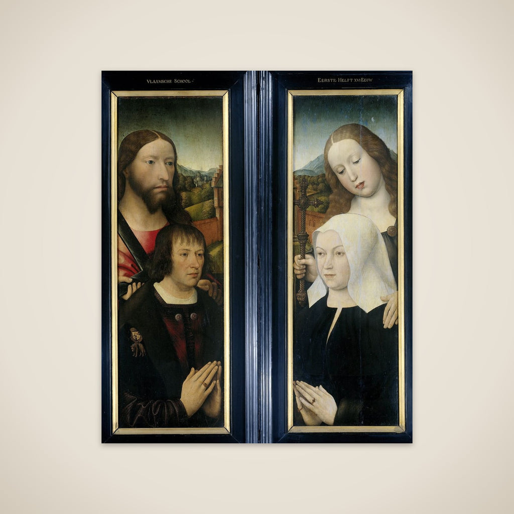Two Wings of a Triptych with the Donor, Thomas Isaacq, accompanied by Saint Thomas (left, outer wing), and the Donor's Wife accompanied by Saint Margaret (right, outer wing) unframed print