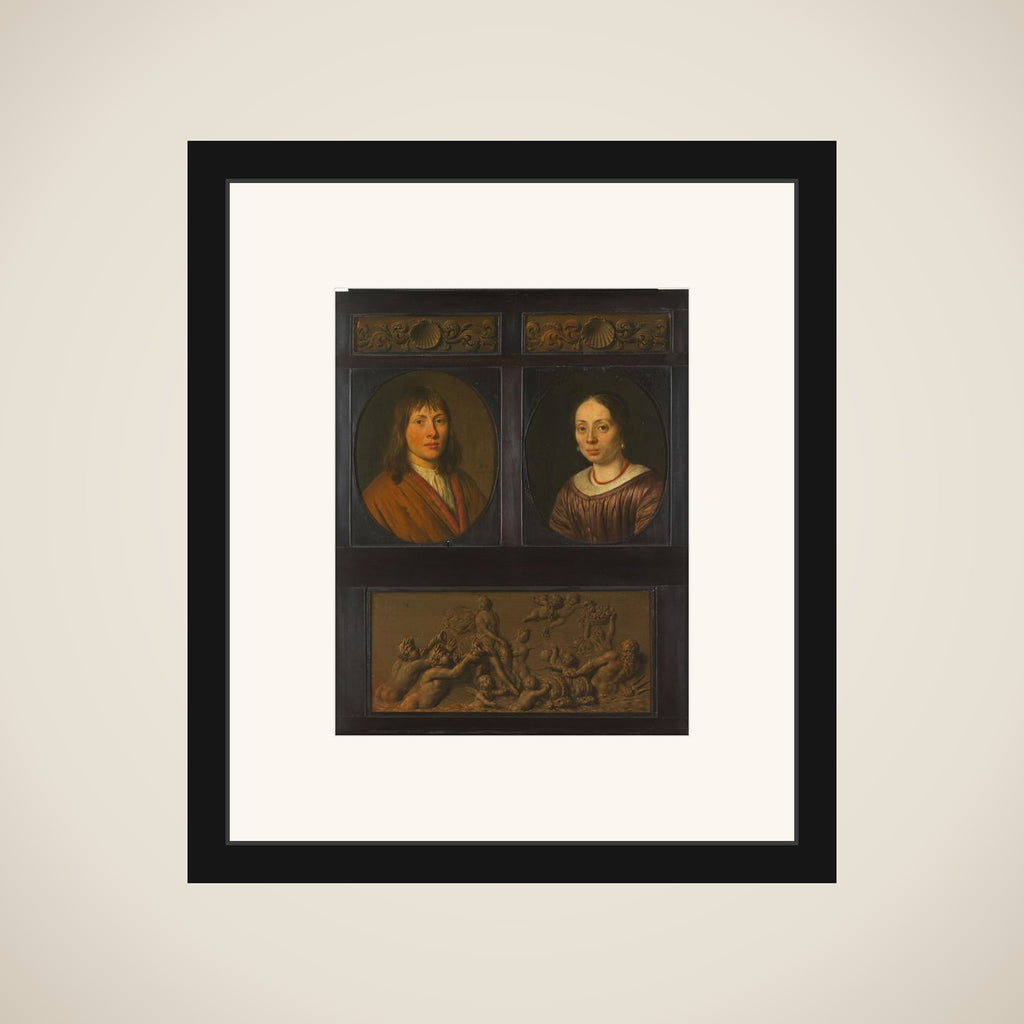 Portraits of a Man and a Woman framed with two ornamental frieze miniatures with shell motif and a Triumph of Amphitrite framed