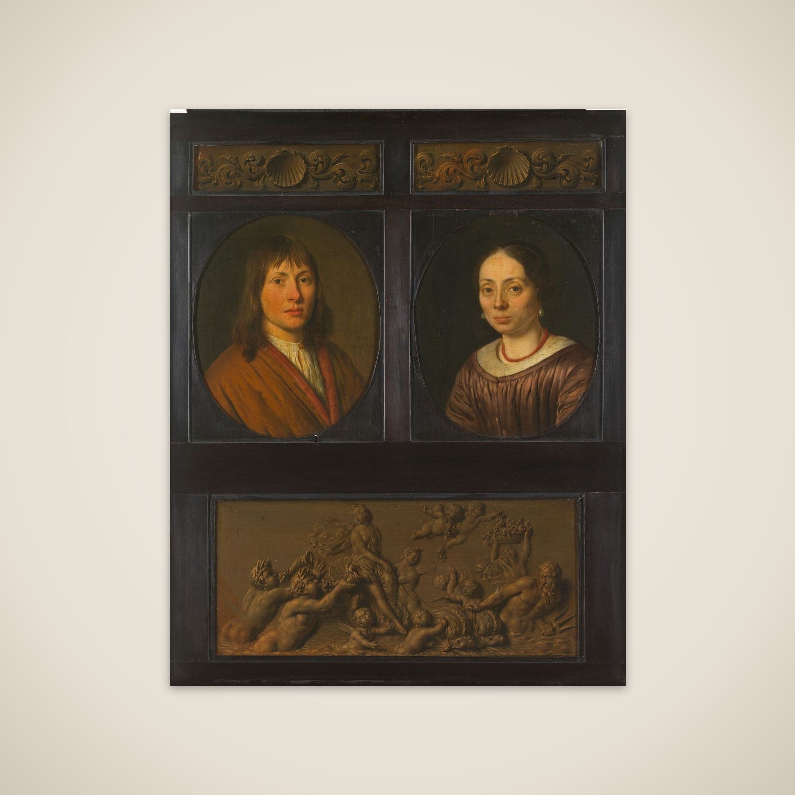 Portraits of a Man and a Woman framed with two ornamental frieze miniatures with shell motif and a Triumph of Amphitrite unframed print
