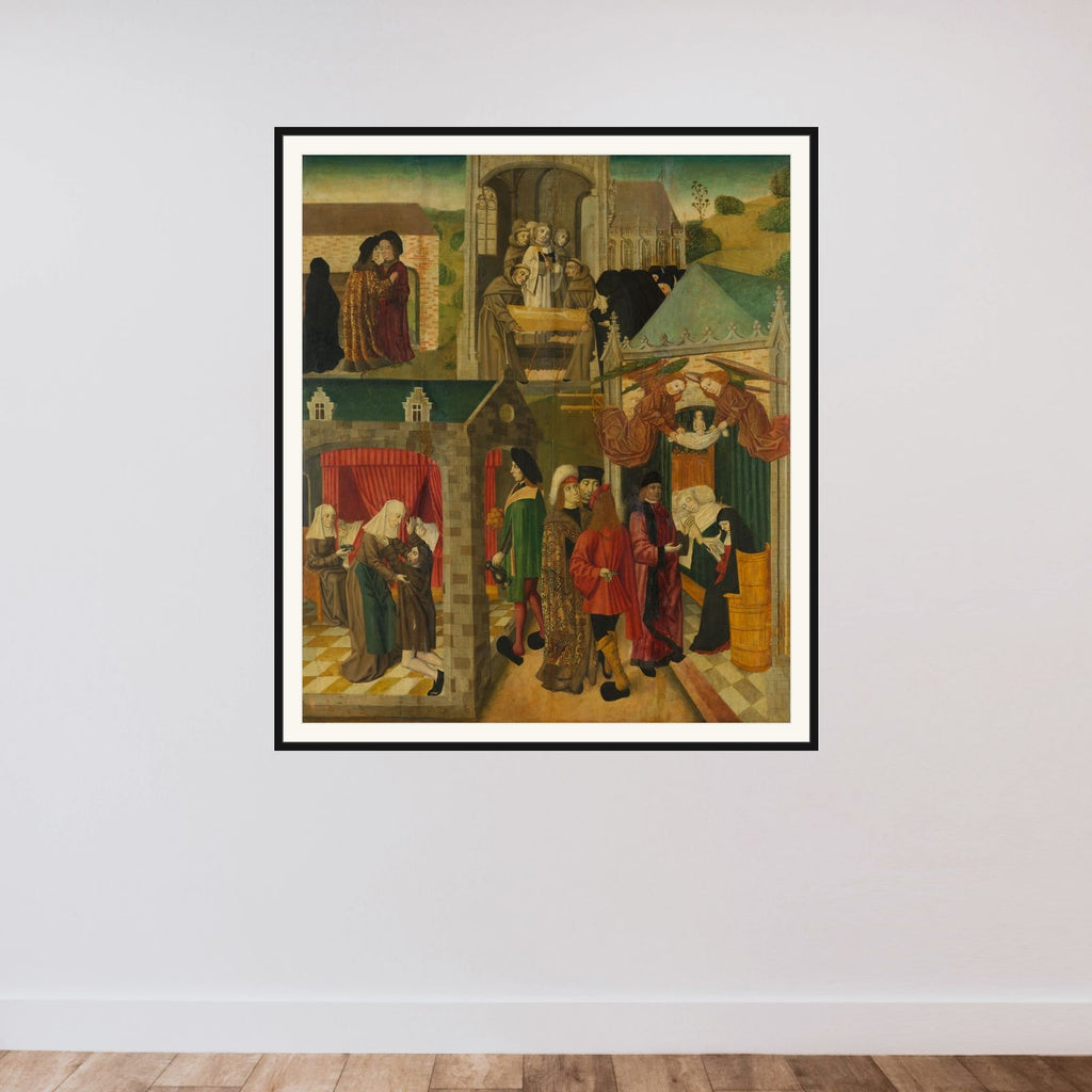Saint Elizabeth of Hungary Tending the Sick in Marburg, Death of St Elizabeth, inner right wing of an altarpiece made for the Grote Kerk in Dordrecht framed — shown to scale