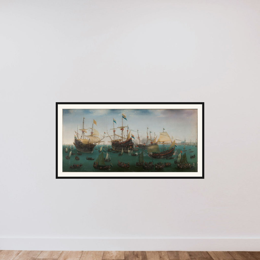 The Return to Amsterdam of the Second Expedition to the East Indies, 19 July 1599 framed — shown to scale