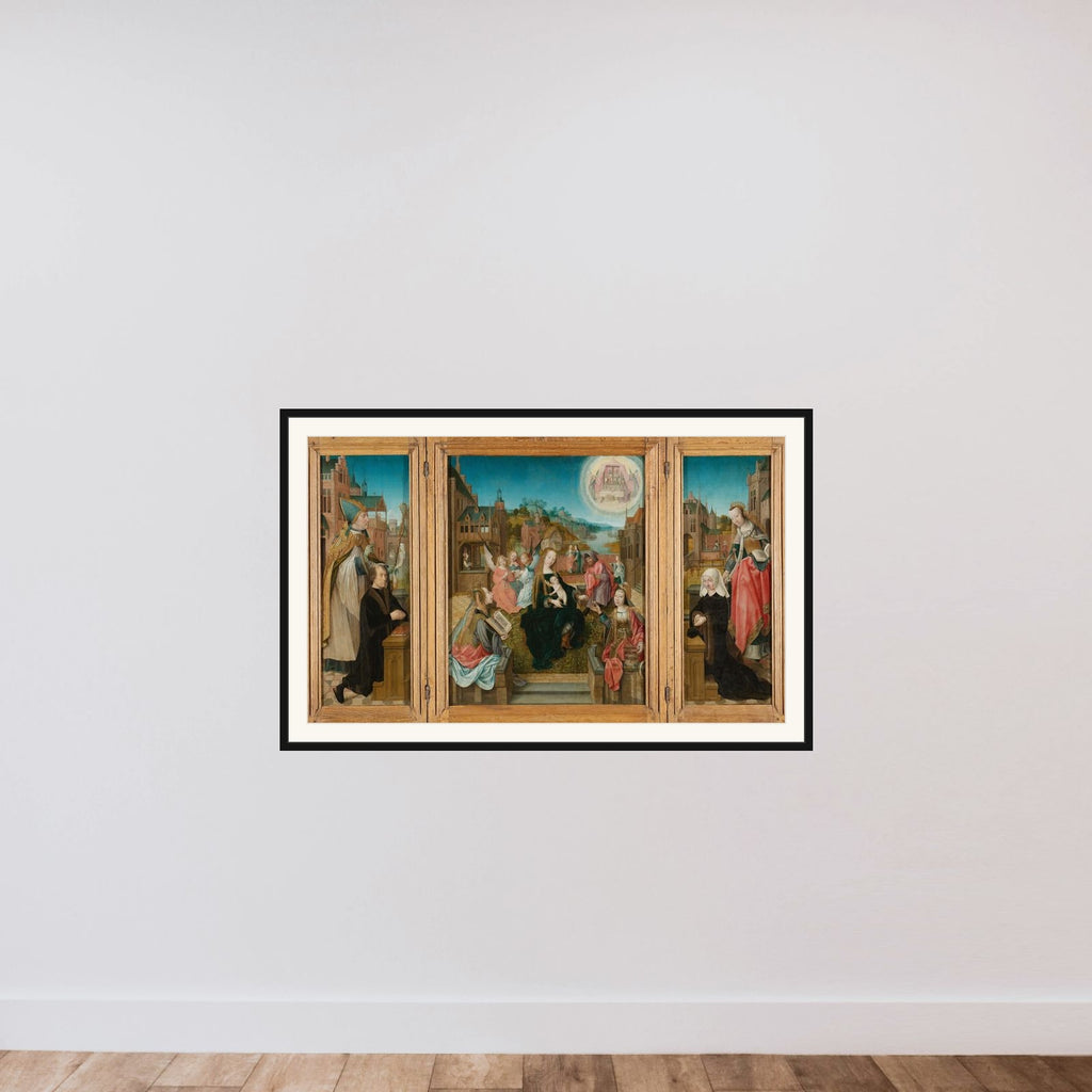 Triptych with Virgin and Child with Saints (center), male Donor with Saint Martin (left, inner wing), female Donor with Saint Cunera (right, inner wing), and the Annunciation (outer wings) framed — shown to scale
