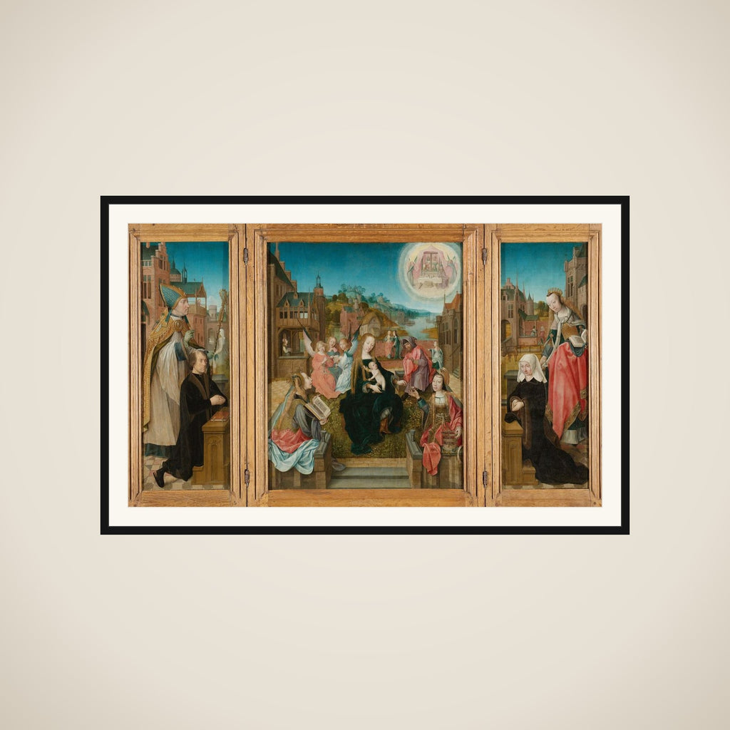 Triptych with Virgin and Child with Saints (center), male Donor with Saint Martin (left, inner wing), female Donor with Saint Cunera (right, inner wing), and the Annunciation (outer wings) framed