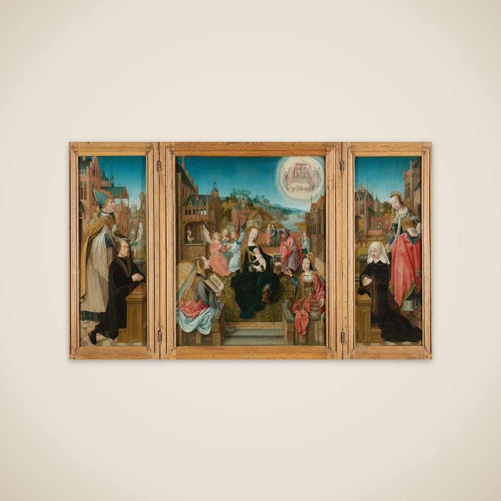 Triptych with Virgin and Child with Saints (center), male Donor with Saint Martin (left, inner wing), female Donor with Saint Cunera (right, inner wing), and the Annunciation (outer wings) unframed print