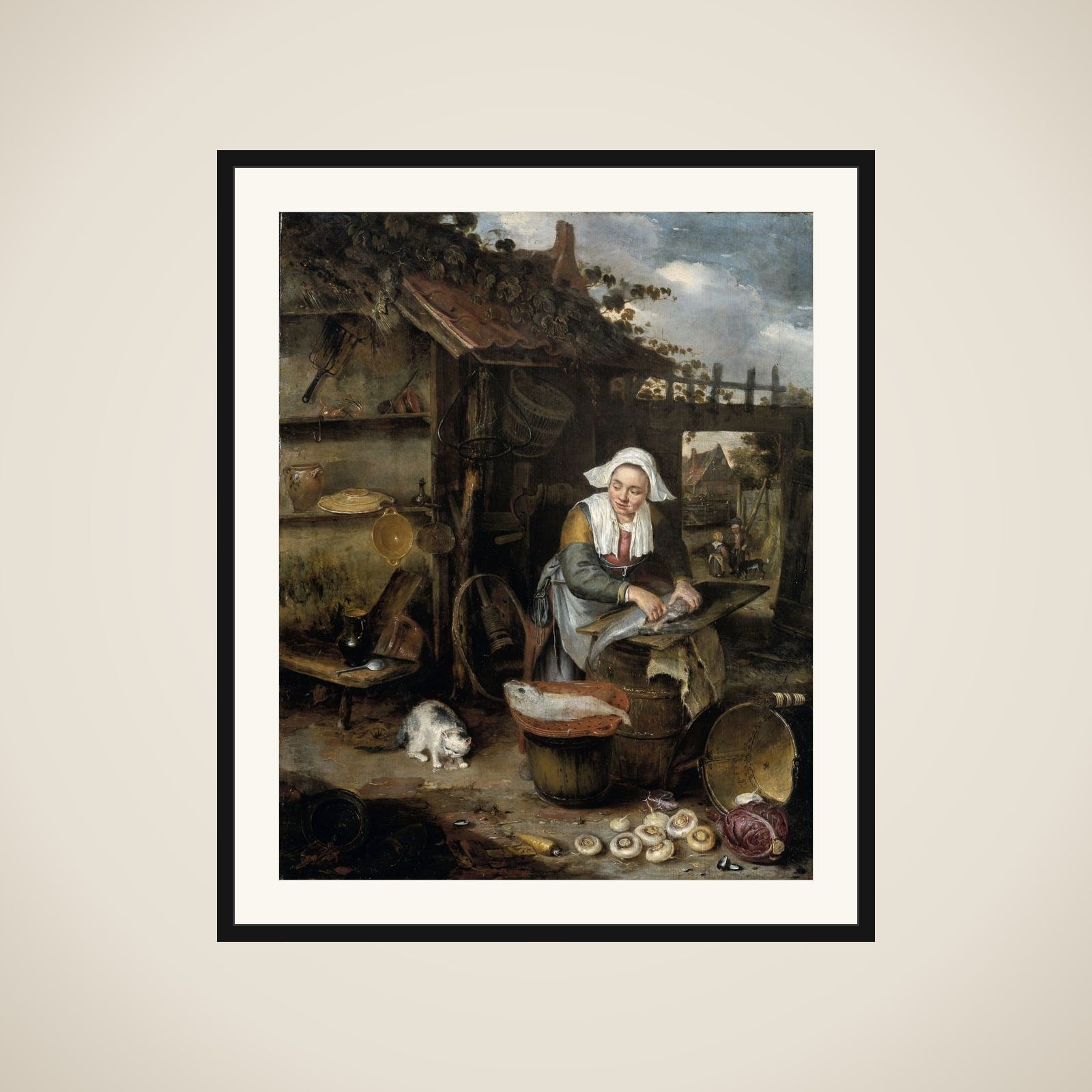 A Housewife in an inner Courtyard Cleaning Fish framed