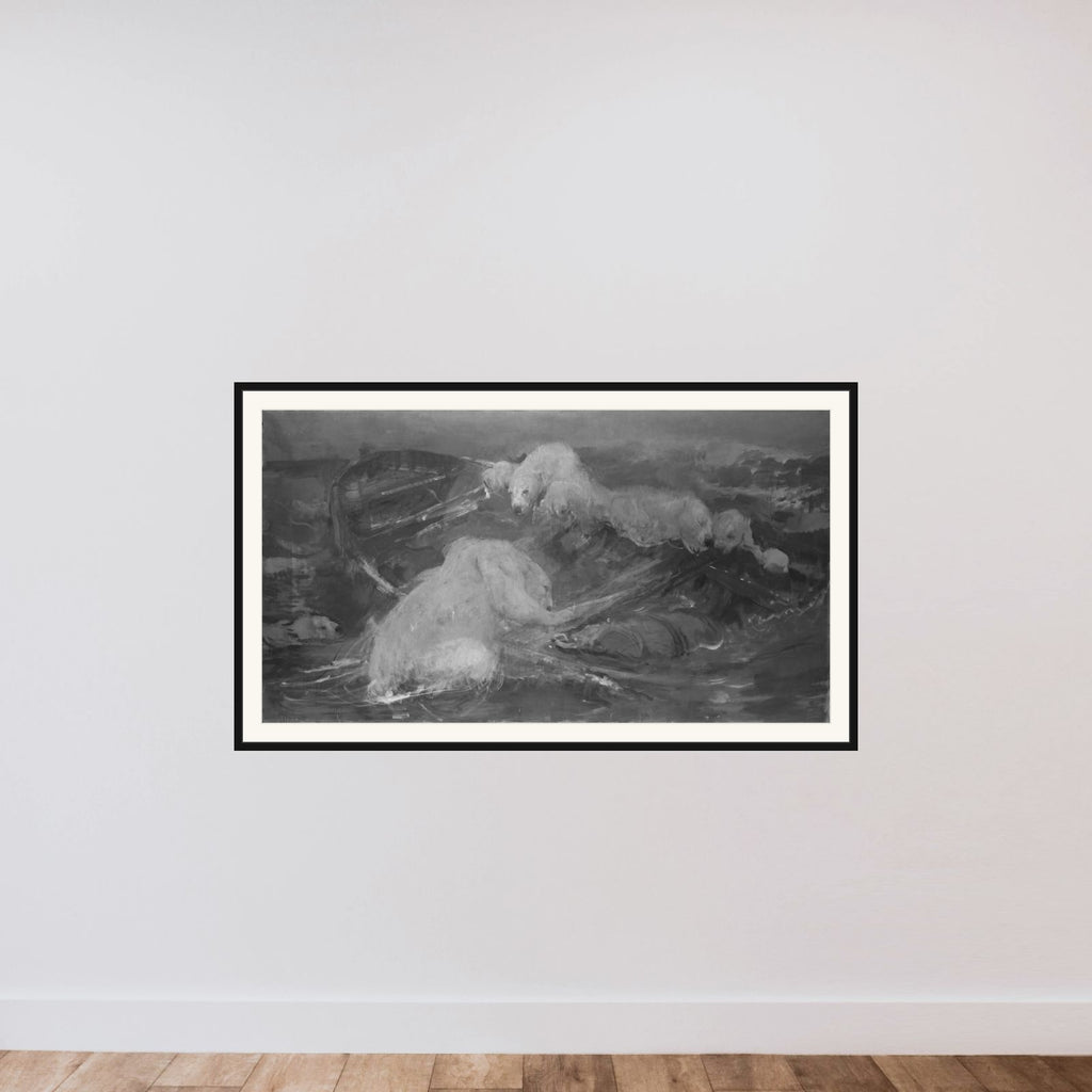 IJsberen beklimmen een ronddrijvende sloep framed — shown to scale
