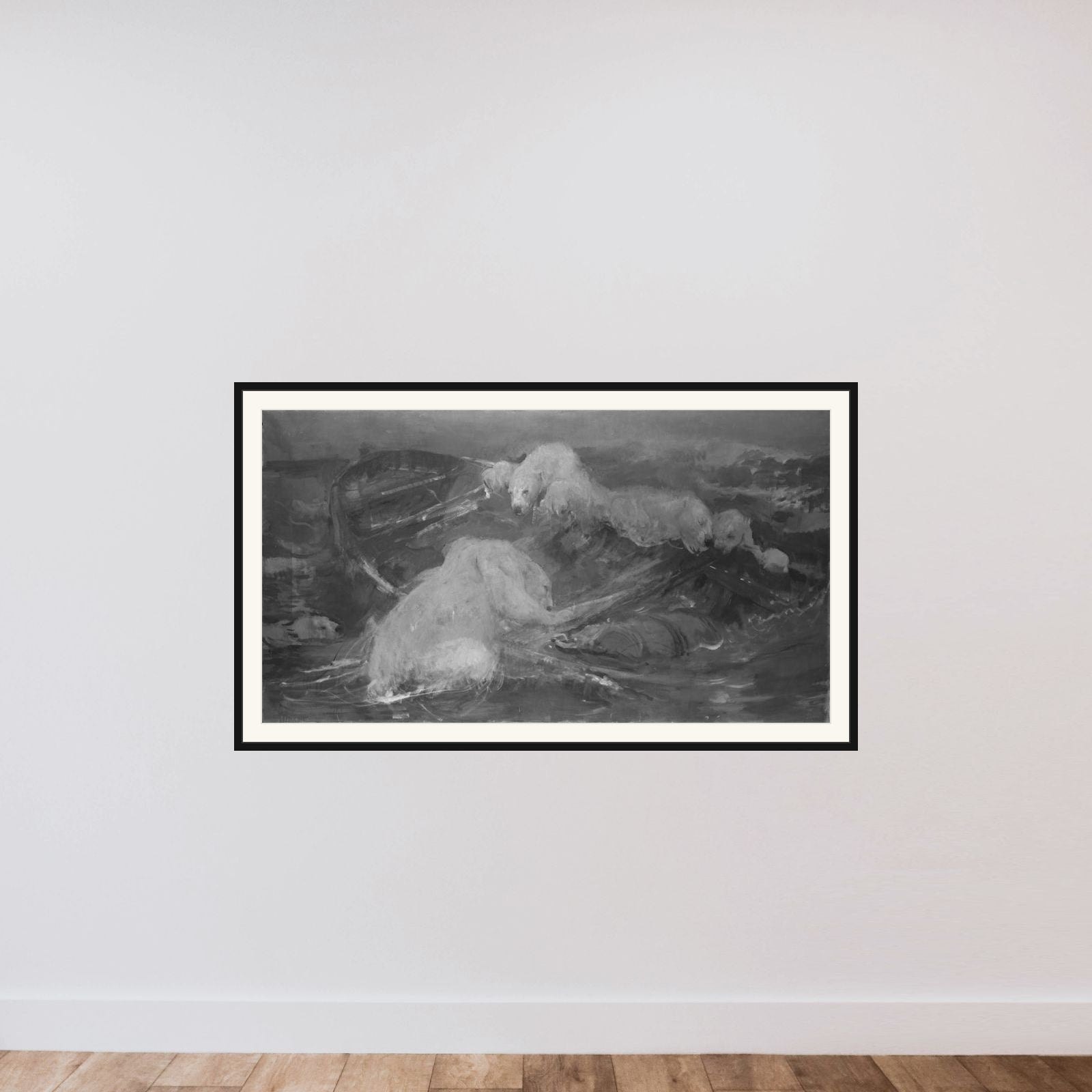 IJsberen beklimmen een ronddrijvende sloep framed — shown to scale