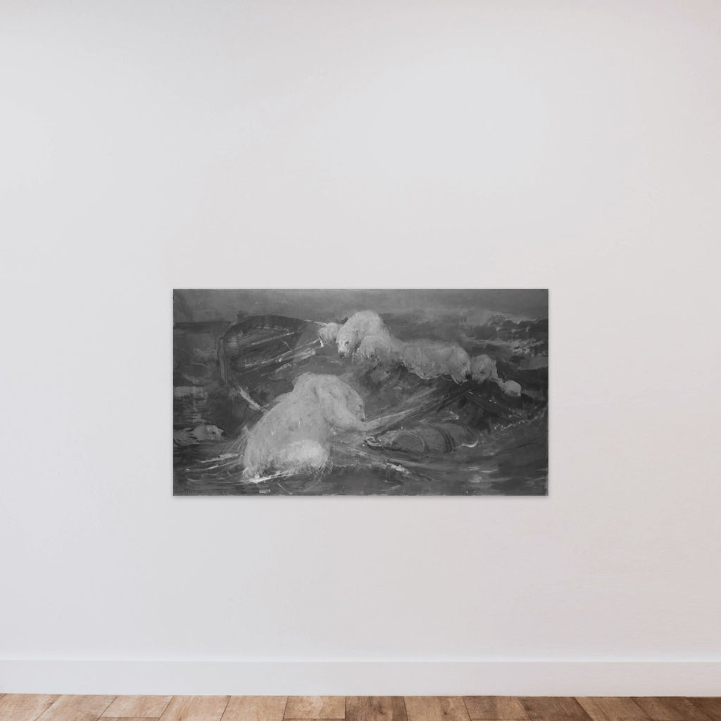 IJsberen beklimmen een ronddrijvende sloep unframed — shown to scale