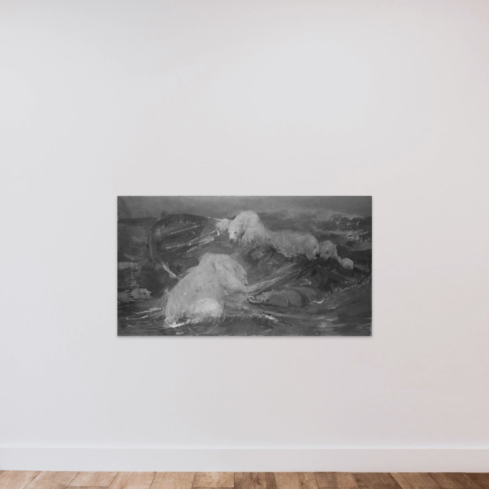 IJsberen beklimmen een ronddrijvende sloep unframed — shown to scale