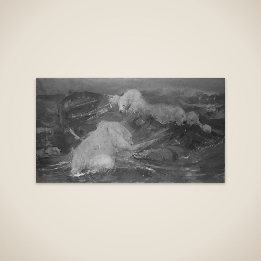 IJsberen beklimmen een ronddrijvende sloep unframed print