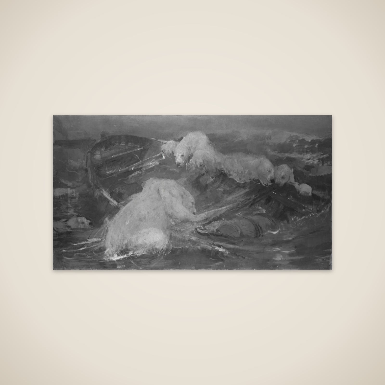 IJsberen beklimmen een ronddrijvende sloep unframed print