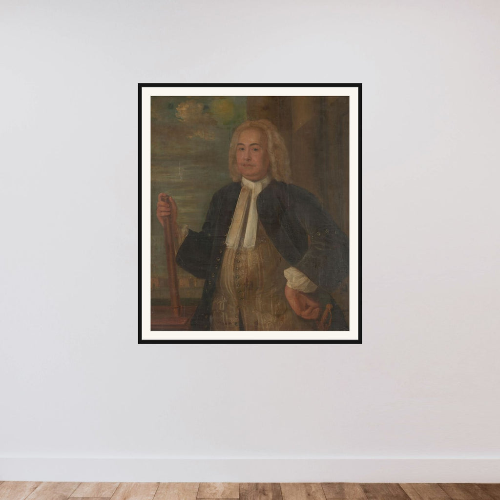 Portrait of Johannes Thedens, Governor-General of the Dutch East India Company framed — shown to scale