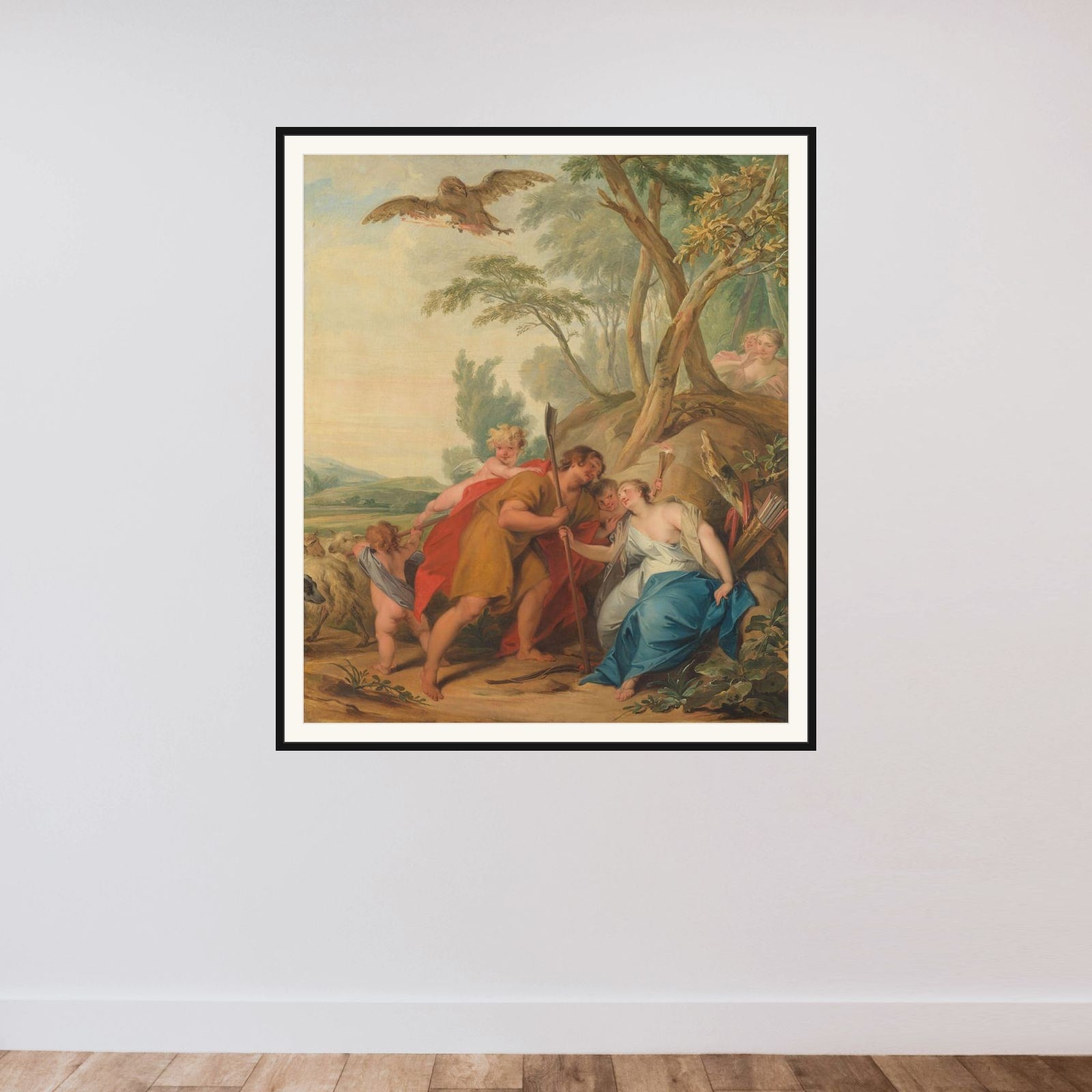 Jupiter, Disguised as a Shepherd, Seducing Mnemosyne, the Goddess of Memory framed — shown to scale