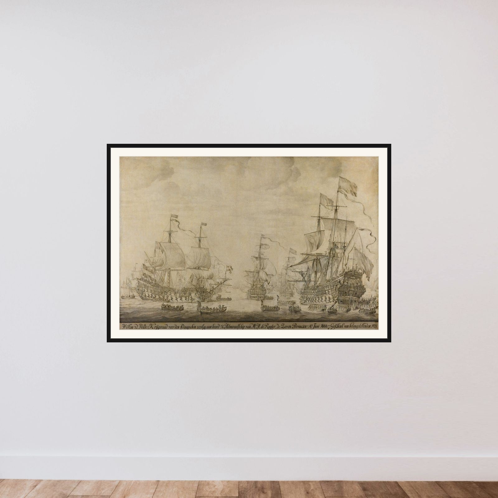 "Council of War aboard ""The Seven Provinces"", the Flagship of Michiel Adriaenszoon de Ruyter, 10 June 1666, preceding the Four Days' Battle: episode from the Second Anglo-Dutch War" framed — shown to scale