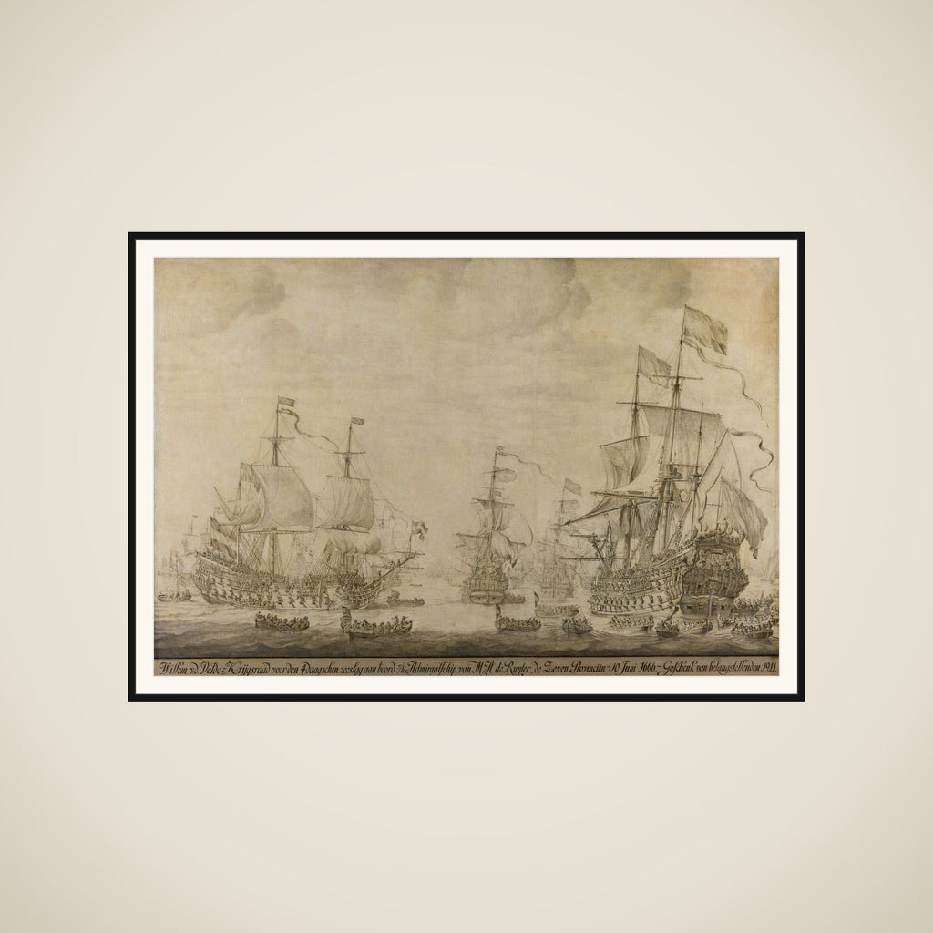 "Council of War aboard ""The Seven Provinces"", the Flagship of Michiel Adriaenszoon de Ruyter, 10 June 1666, preceding the Four Days' Battle: episode from the Second Anglo-Dutch War" framed