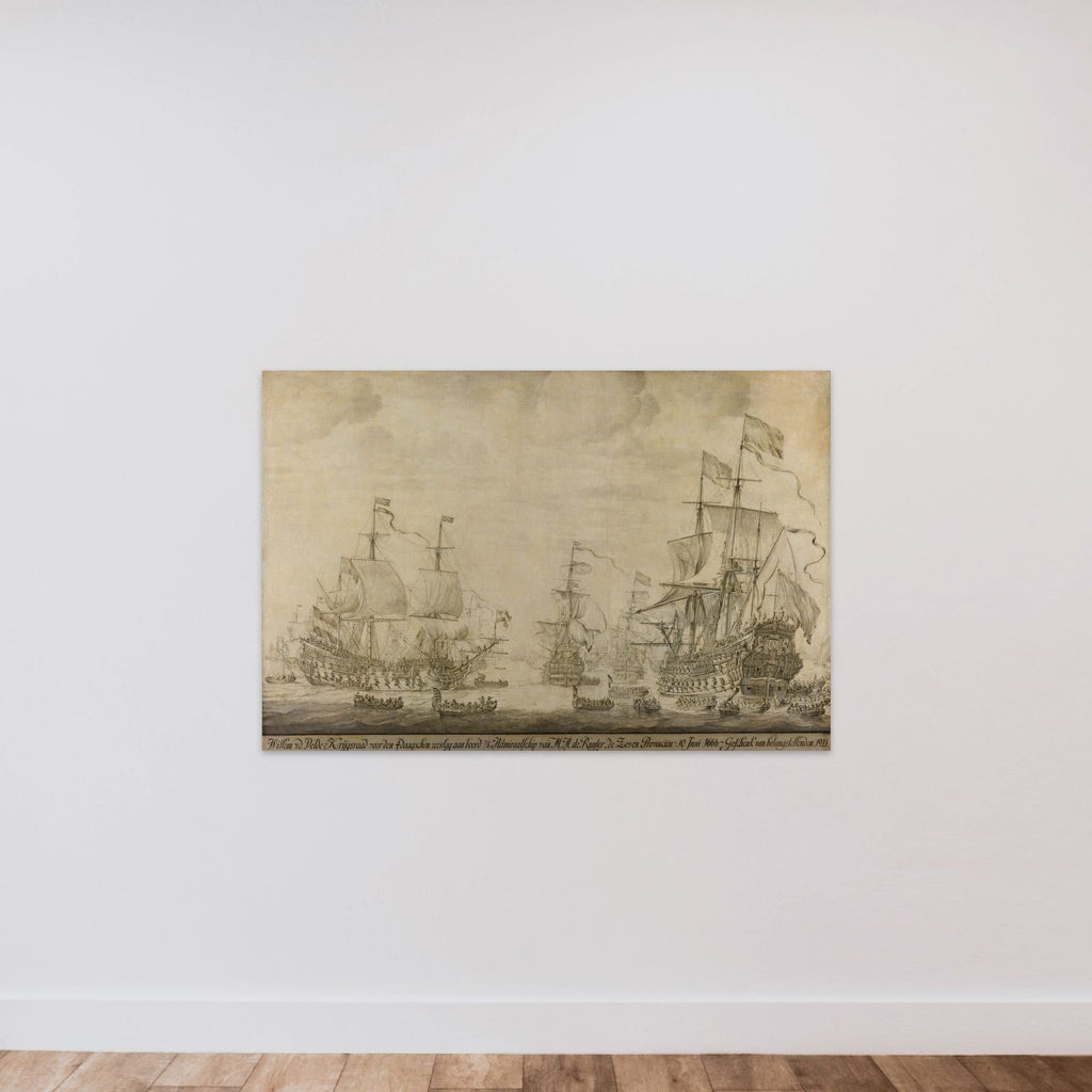 "Council of War aboard ""The Seven Provinces"", the Flagship of Michiel Adriaenszoon de Ruyter, 10 June 1666, preceding the Four Days' Battle: episode from the Second Anglo-Dutch War" unframed — shown to scale