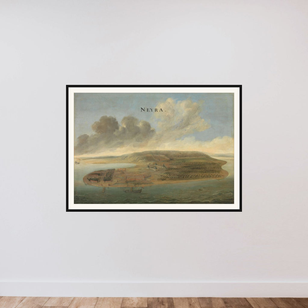 Two Views of Dutch East India Company Trading Posts: Lawec in Cambodia and Banda in the Southern Moluccas framed — shown to scale