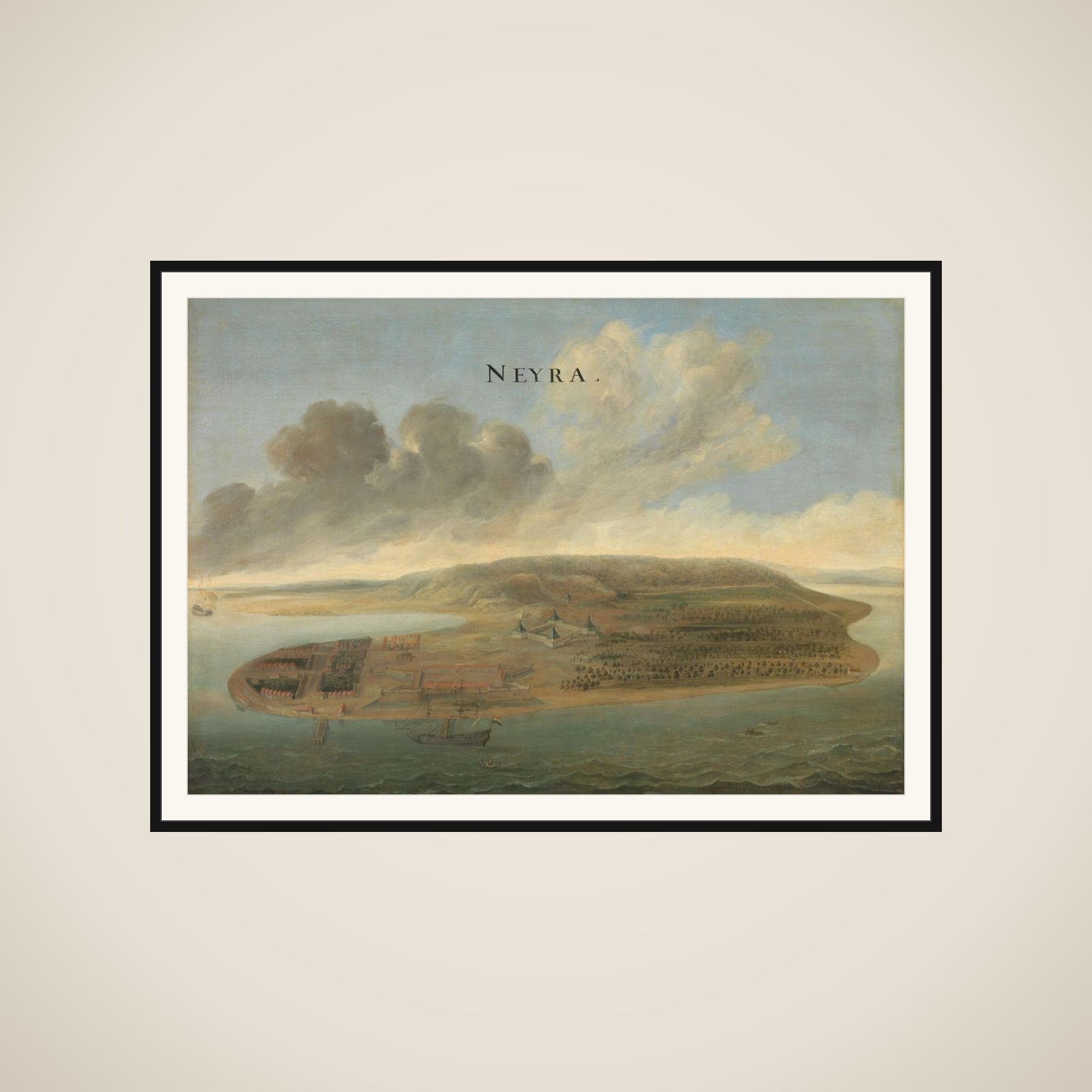 Two Views of Dutch East India Company Trading Posts: Lawec in Cambodia and Banda in the Southern Moluccas framed