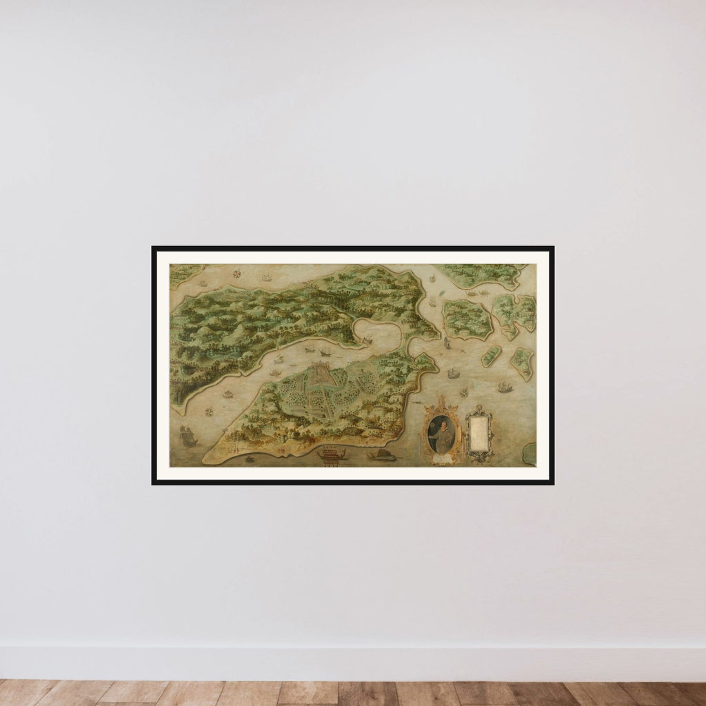 Bird's-eye View of Ambon, with a Portrait of Frederik Houtman (1571-1627) in a Cartouche framed — shown to scale