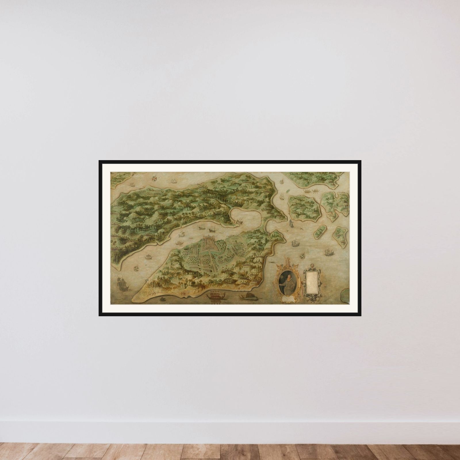 Bird's-eye View of Ambon, with a Portrait of Frederik Houtman (1571-1627) in a Cartouche framed — shown to scale