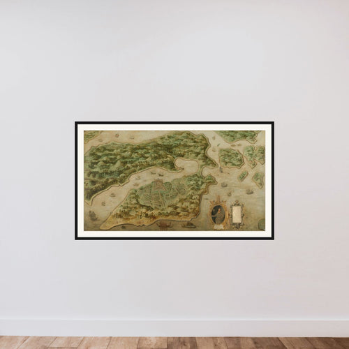 Bird's-eye View of Ambon, with a Portrait of Frederik Houtman (1571-1627) in a Cartouche framed — shown to scale