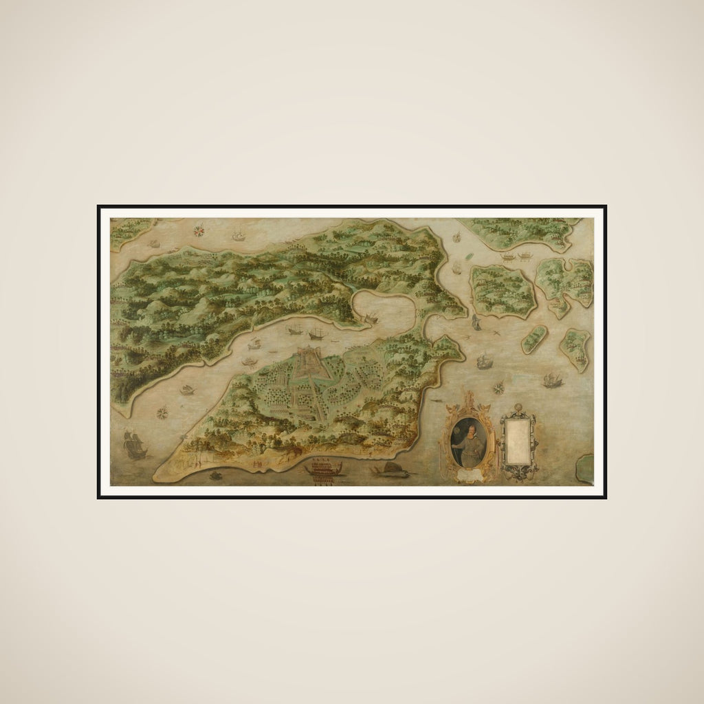 Bird's-eye View of Ambon, with a Portrait of Frederik Houtman (1571-1627) in a Cartouche framed