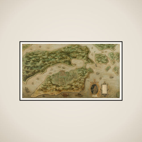 Bird's-eye View of Ambon, with a Portrait of Frederik Houtman (1571-1627) in a Cartouche framed