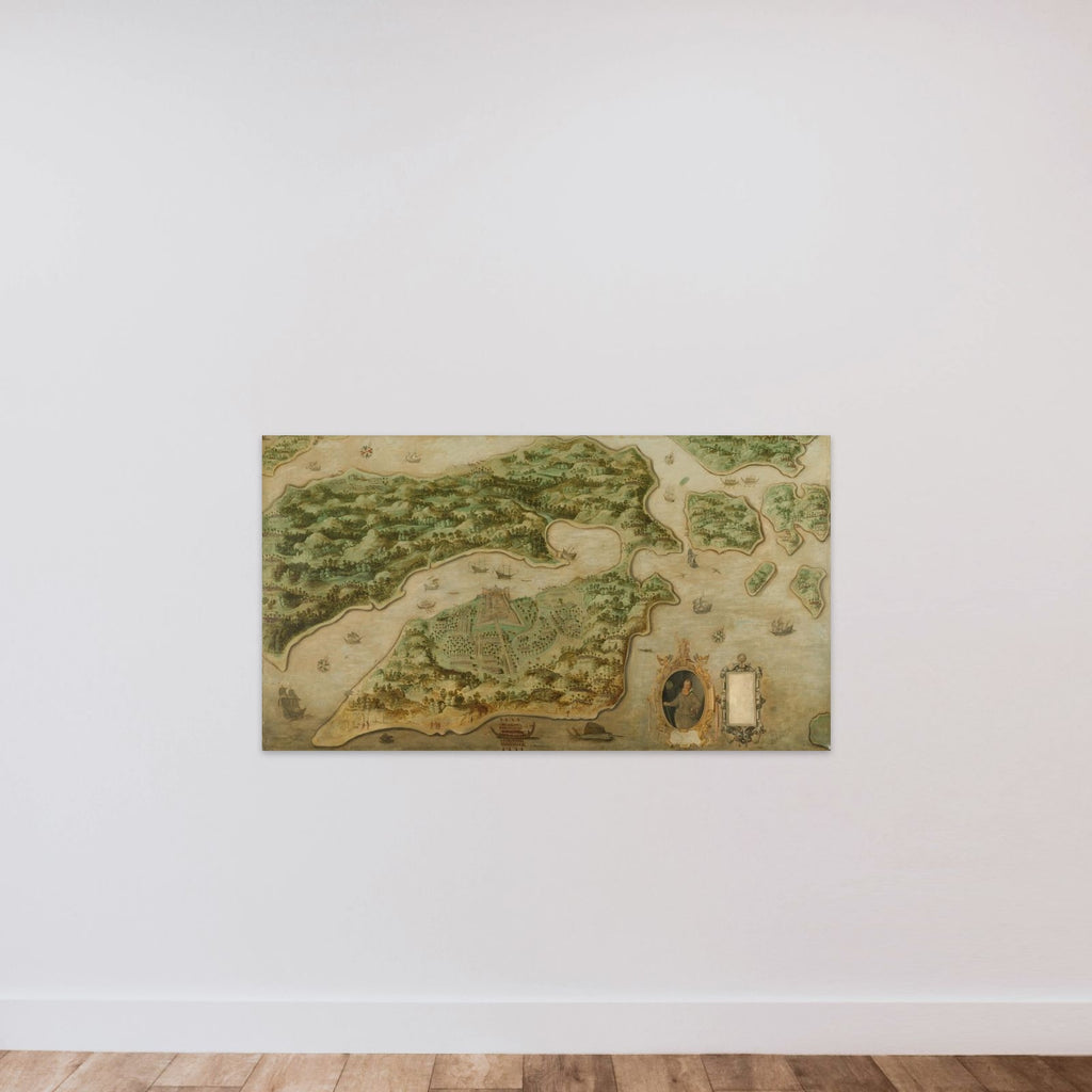 Bird's-eye View of Ambon, with a Portrait of Frederik Houtman (1571-1627) in a Cartouche unframed — shown to scale