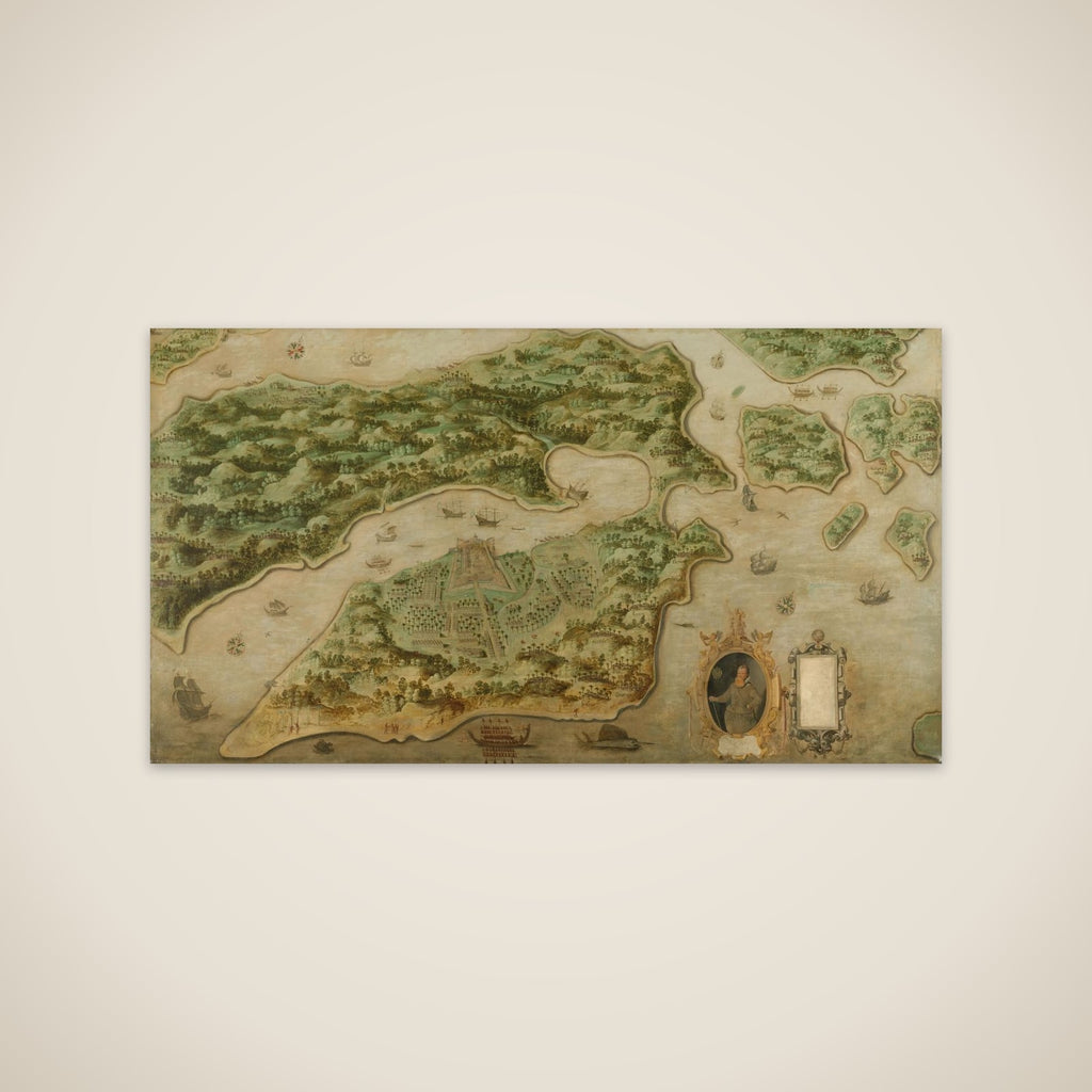 Bird's-eye View of Ambon, with a Portrait of Frederik Houtman (1571-1627) in a Cartouche unframed print