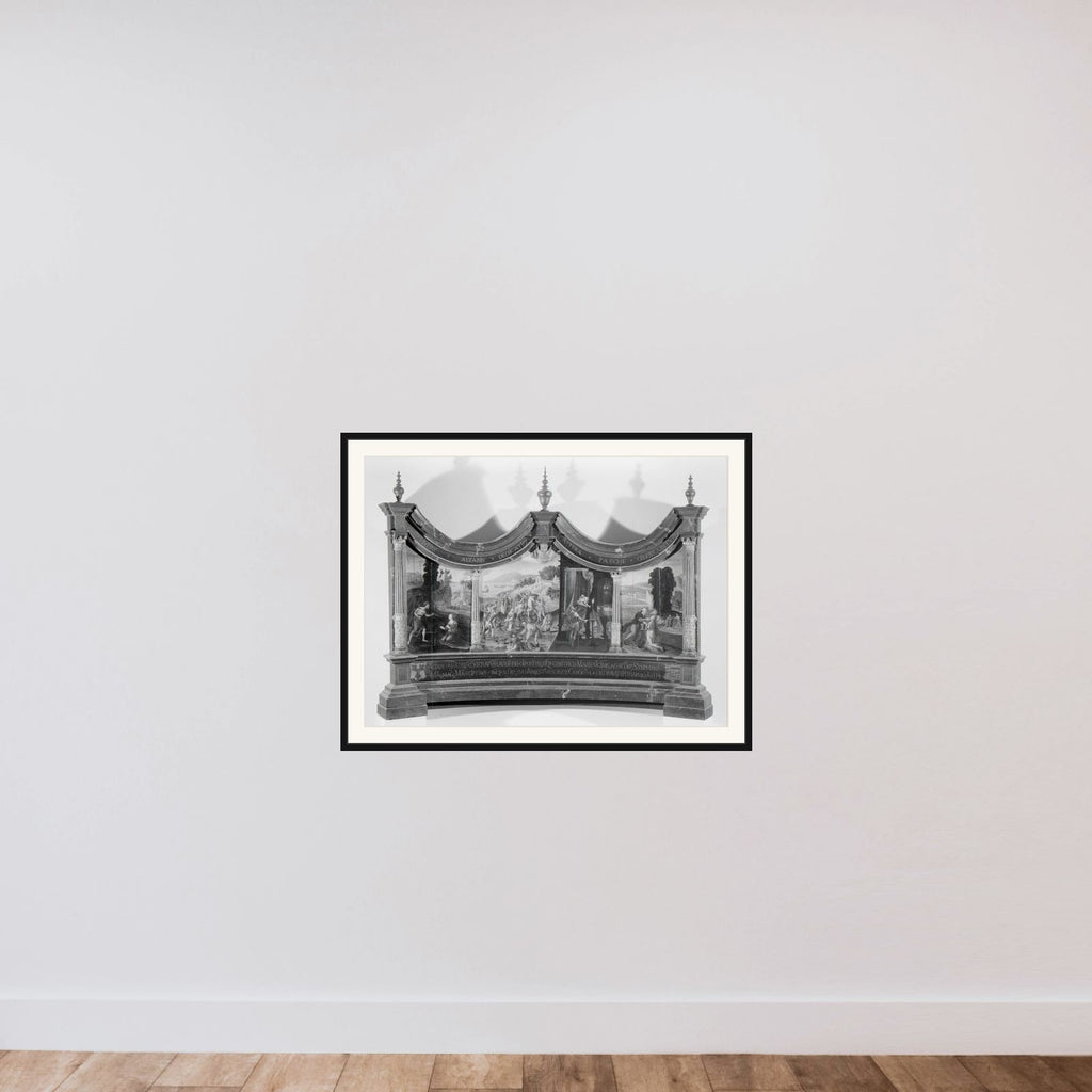 Triptych with the Stoning of Saint Stephen and the Legend of the Finding of his Grave framed — shown to scale