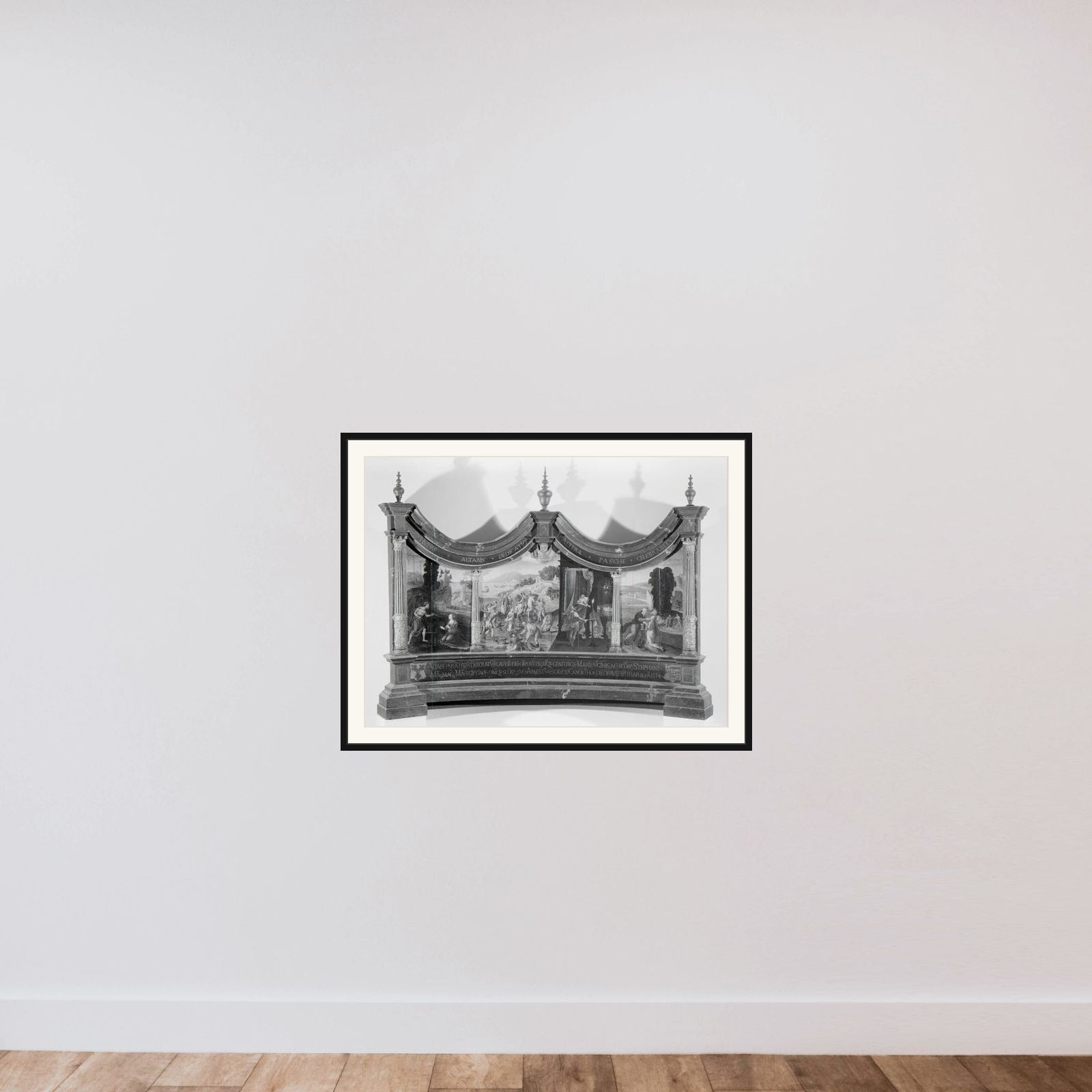 Triptych with the Stoning of Saint Stephen and the Legend of the Finding of his Grave framed — shown to scale