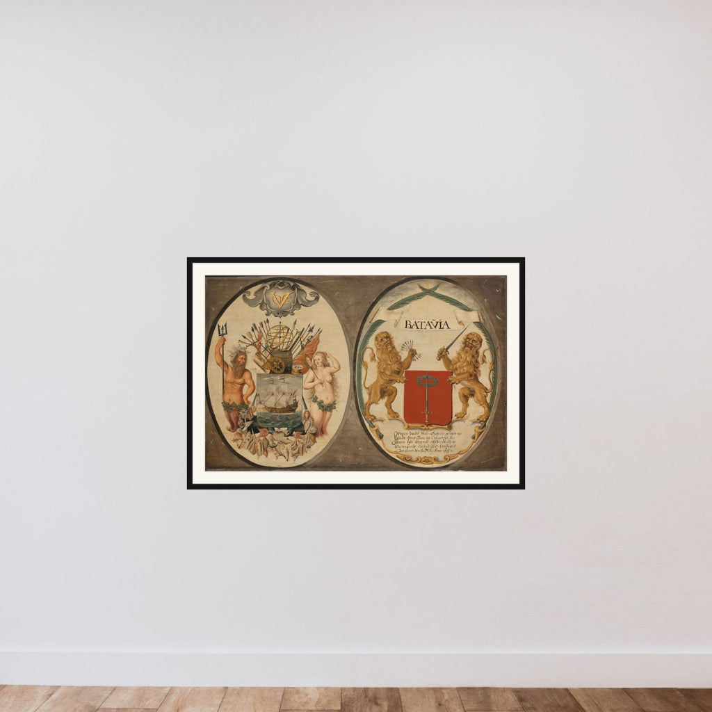 The Arms of the Dutch East India Company and of the Town of Batavia framed — shown to scale