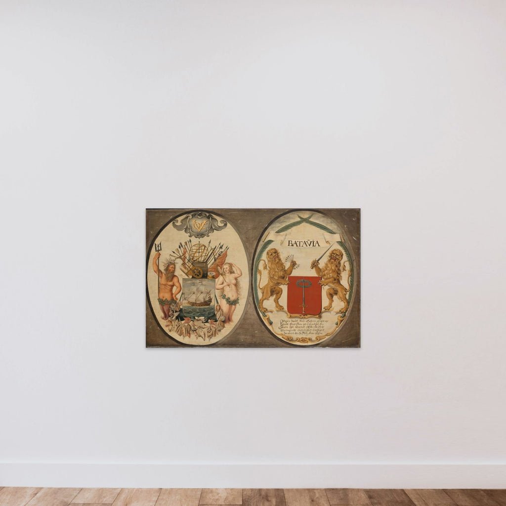 The Arms of the Dutch East India Company and of the Town of Batavia unframed — shown to scale