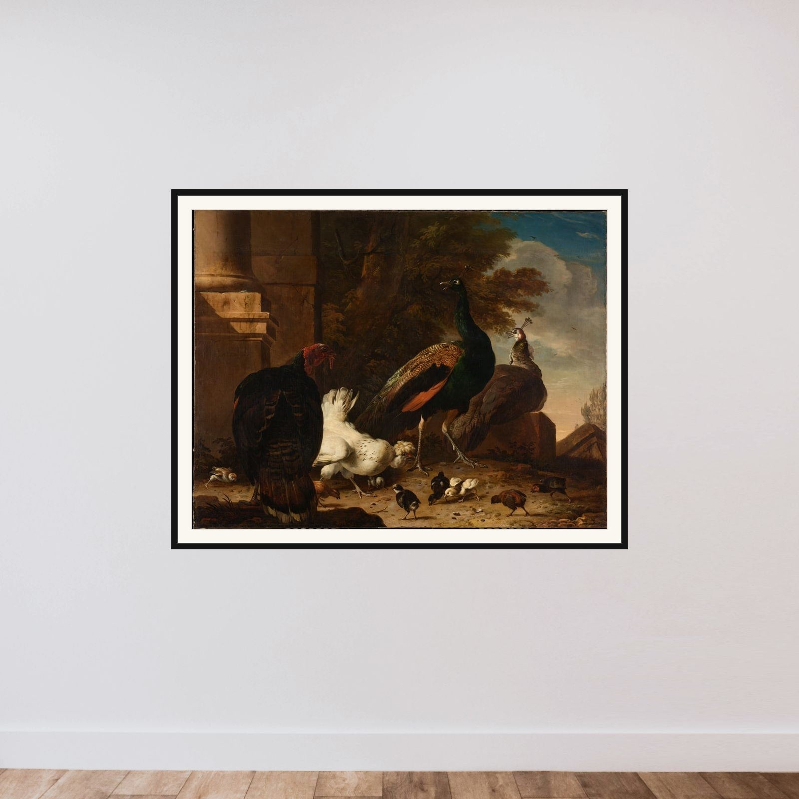 A Hen with Peacocks and a Turkey framed — shown to scale