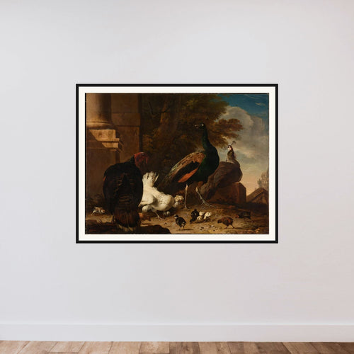 A Hen with Peacocks and a Turkey framed — shown to scale